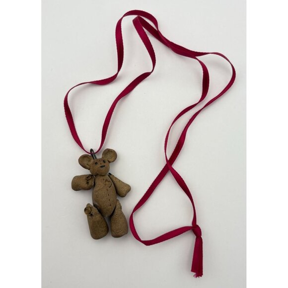 Primitive Teddy Bear Christmas Ornament Heart Jointed Legs Arms with Red Ribbon - Picture 7 of 7